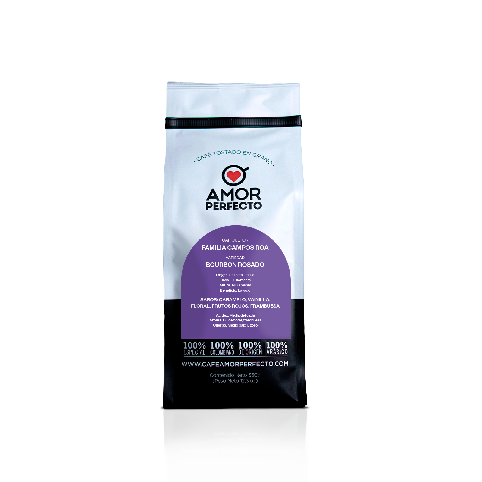 Café de especialidad colombiano Amor Perfecto, variedad Bourbon Rosado, origen La Plata - Huila. Café tostado en grano con notas de frambuesa, vainilla y caramelo, cultivado por la Familia Campos Roa.
