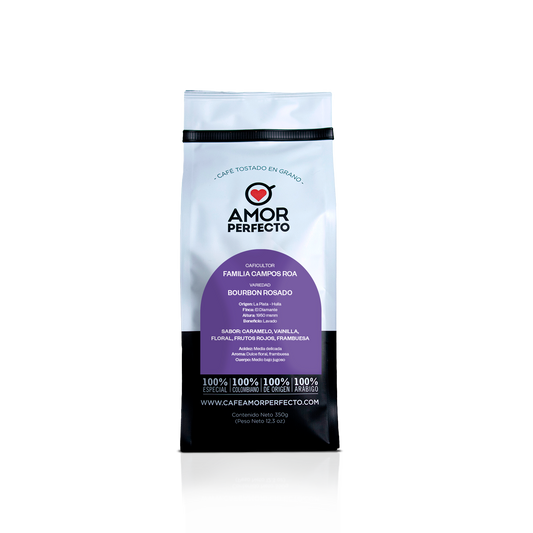 Café de especialidad colombiano Amor Perfecto, variedad Bourbon Rosado, origen La Plata - Huila. Café tostado en grano con notas de frambuesa, vainilla y caramelo, cultivado por la Familia Campos Roa.