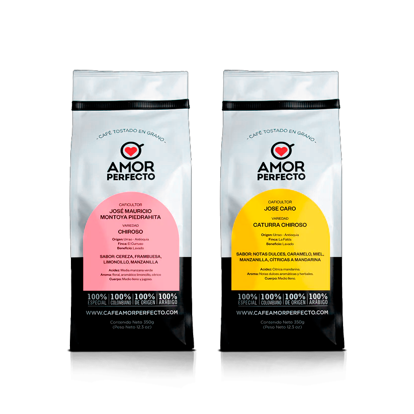 Colección de café de especialidad Amor Perfecto variedad Chiroso y Caturra Chiroso, origen Urrao Antioquia. Café colombiano en grano con perfiles dulces y frutales, cultivado por José Mauricio Montoya y José Caro.