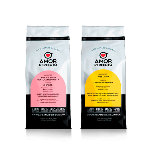 Colección de café de especialidad Amor Perfecto variedad Chiroso y Caturra Chiroso, origen Urrao Antioquia. Café colombiano en grano con perfiles dulces y frutales, cultivado por José Mauricio Montoya y José Caro.
