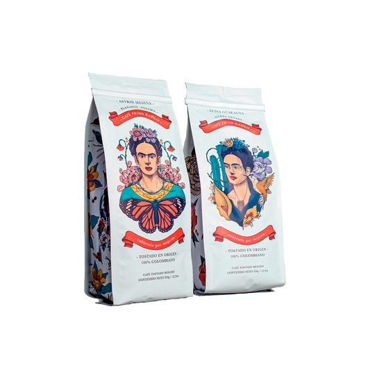 Colección de café de especialidad Frida Kahlo Amor Perfecto, café cultivado por mujeres, tostado en origen.