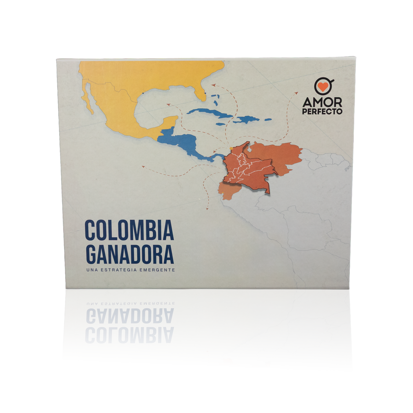 Caja de colección "Colombia Ganadora" de Amor Perfecto. El kit premium incluye el libro sobre la estrategia del café colombiano y una bolsa de café de especialidad en grano, todo presentado en un empaque de regalo exclusivo.