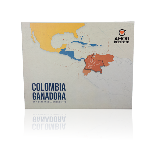 Caja de colección "Colombia Ganadora" de Amor Perfecto. El kit premium incluye el libro sobre la estrategia del café colombiano y una bolsa de café de especialidad en grano, todo presentado en un empaque de regalo exclusivo.
