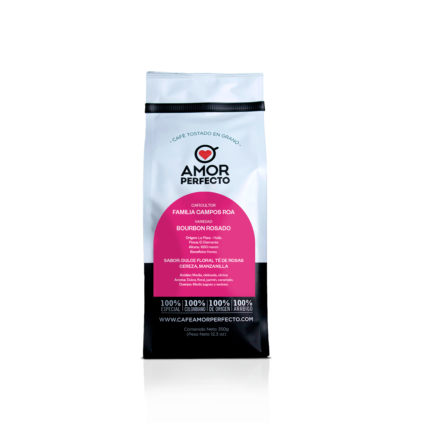 Café de especialidad Amor Perfecto variedad Bourbon Rosado, origen La Plata Huila. Café colombiano con proceso Honey, cultivado por la Familia Campos Roa, con notas de té de rosas y cereza.