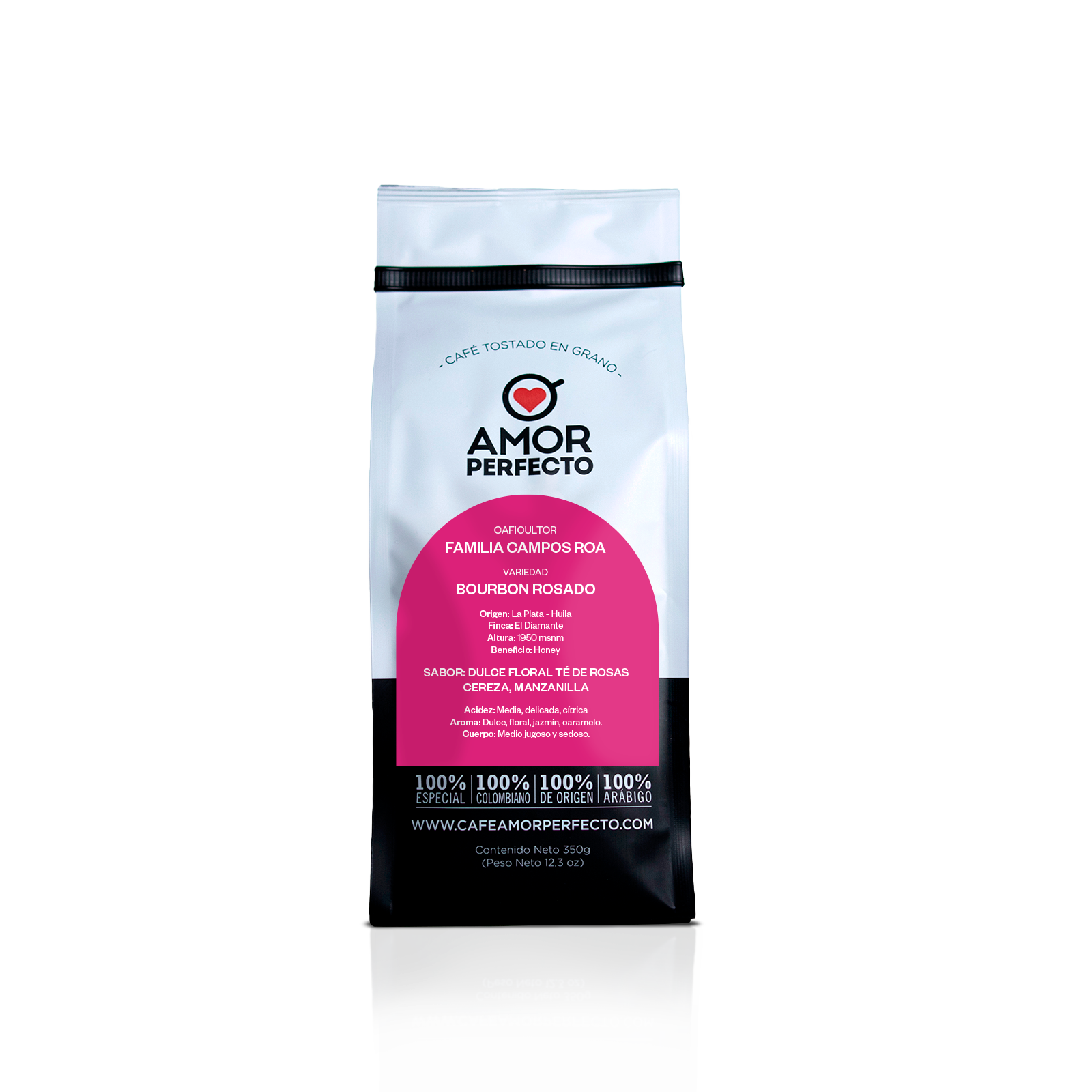 Café de especialidad Amor Perfecto variedad Bourbon Rosado, origen La Plata Huila. Café colombiano con proceso Honey, cultivado por la Familia Campos Roa, con notas de té de rosas y cereza.