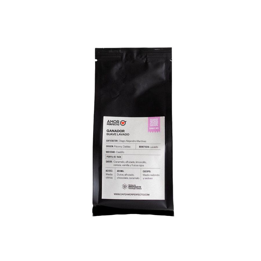 Café de especialidad Amor Perfecto Ganador Suave Lavado, origen Pácora Caldas, variedad Castillo con notas de chocolate, caramelo y frutos rojos.