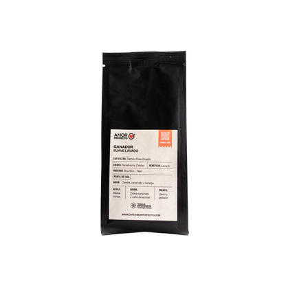 Café de especialidad Amor Perfecto Ganador Suave Lavado, origen Pensilvania Caldas, variedades Bourbon y Tabi con notas de canela, caramelo y naranja.