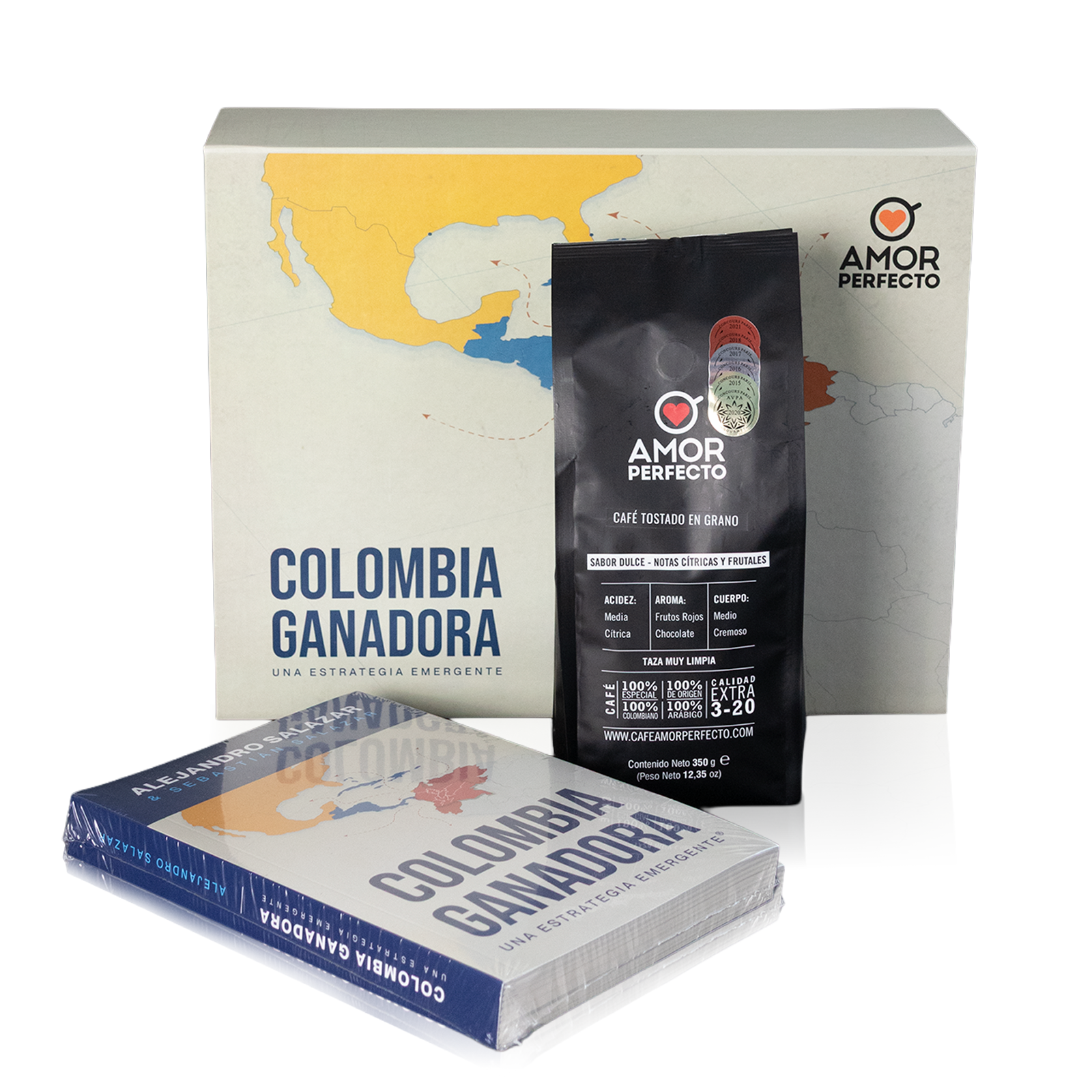 Kit de regalo Amor Perfecto: Libro "Colombia Ganadora" de Alejandro Salazar y bolsa de café de especialidad colombiano en grano. Un set premium para conocer la historia y estrategia del café en Colombia.