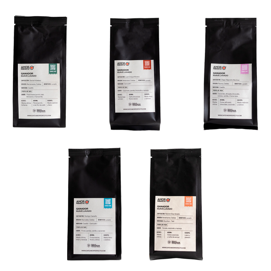 Colección de café de especialidad colombiano Amor Perfecto Ganador Suave Lavado. Selección de cinco bolsas de café de diferentes orígenes de Caldas, Colombia, tostado en origen con perfiles de taza únicos.